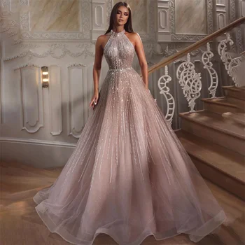 Rózsaszín flitteres csillogó hercegnő formális báli ruhák vállról Halter fényes gyöngyfűzés A-vonalú ujjatlan estélyi ruha Dubai menyasszony