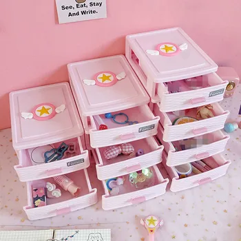 Rózsaszín kártya Captor Sakura műanyag varázspálca fiók Sundries kozmetikai tároló doboz Aranyos asztali konténer Rajzfilm ékszer szervező