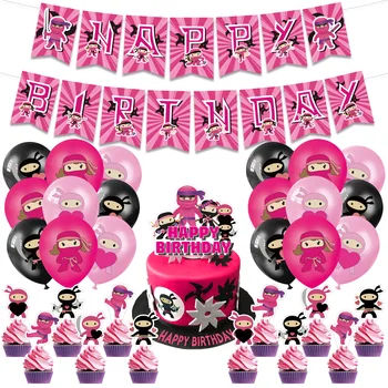Rózsaszín nindzsa téma születésnapi parti dekorációk lányoknak Ninja boldog születésnapot banner torta feltéte és lufi készlet Ninja Party dekoráció