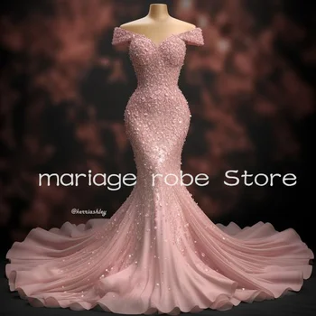 Rózsaszín sellő koncepció báli ruha nőknek vállról 3D virággyöngyök vállról Hosszú estélyi születésnapi fogadás ruha