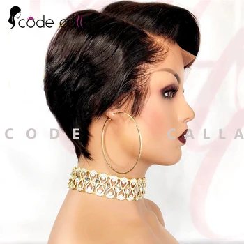 Rövid emberi haj parókák Pixie Cut Straight perruque bresillienne fekete nők számára Géppel készített parókák frufruval Olcsó ragasztó nélküli paróka