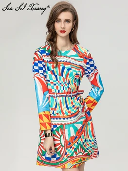 Seasixiang divattervező őszi ruha női O-nyakú hosszú ujjú öv levél többszínű mintás vintage ruhák