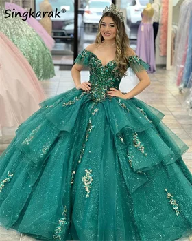 Smaragdzöld Quinceanera hercegnő ruhák rátétek, gyöngyök kristály csipke-up édes 16 ruha vestidos de 15 Años születésnapi zsúr