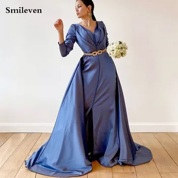Smileven Blue V nyakú kaftán estélyi ruhák hosszú ujjú báli ruhával levehetőTrain oldalsó osztott formális partiruhával