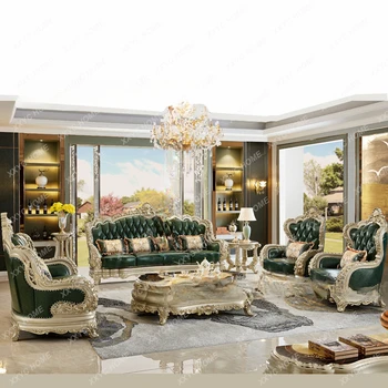 Sofa Combined Living Tömörfa Luxus bőr kanapé Nagy apartman faragott bőr kanapé
