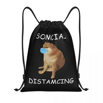 Somcial Distamcing Cheems kutya húzózsinóros táska vásárláshoz Jóga hátizsákok Női Férfiak Vicces Shiba Inu Dank Meme Sport Gym Sackpack