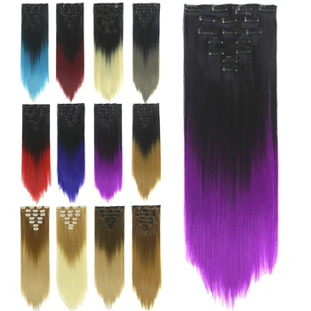 Soowee egyenes fekete-lila ombre hajdarabok szintetikus hajhosszabbítók becsíptethető teljes fejű szivárványos hamis hajcsatok Perruque