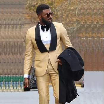 STEVDITG Luxus pezsgős férfi öltönyök 3 részes kabát nadrág mellény esküvői vőlegény Terno Elegnat ruházat Kendő hajtóka egymellű