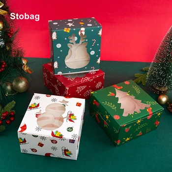StoBag-Boldog Karácsonyt Ajándékdoboz Cukorka és süti csomagolás Kraft papír ablak Mikulás gyerekek ünnepe Boldog évet party Favor 1