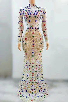 Strasszok átlátszó hosszú ruha születésnapi ünnepi ruha esti női táncshow jelmez ruha