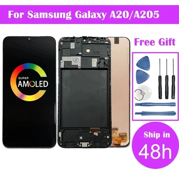 Super AMOLED Samsung Galaxy A20 képernyőhöz A205 / DS A205F A205FD A205A LCD kijelző érintődigitalizáló egységgel + keret
