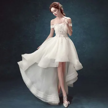 Sweet Memory rátétekkel csipke szatén fehér menyasszonyi ruha rövid első és hosszú hátsó estélyi ruhák