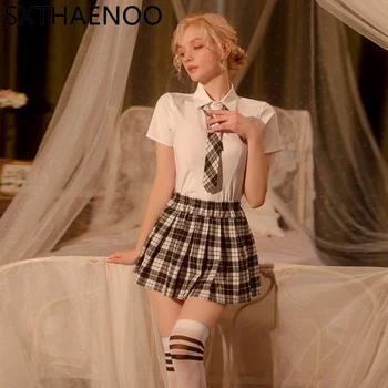 SXTHAENOO Classic Academy Style Uniform Fekete-fehér rácsos ruha szett Cosplay Aranyos iskoláslány jelmez Fehérnemű Erotikus ruházat