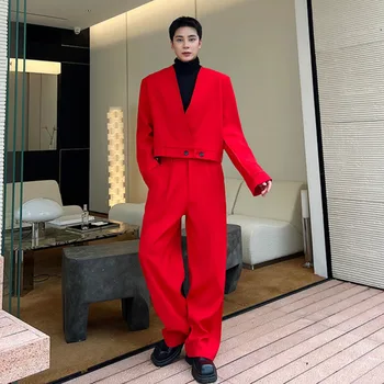 SYUHGFA Elgance férfi blézerek divatja 2024 Új személyiségruházat Koreai luxus piros V-nyakú öltönykabát Trend férfi üzlet