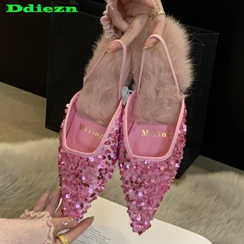 Szandálok Öszvérek Papucsok Nők Új 2023-ban Divat alkalmi szőrme csúszdák Bling női cipők Hölgyek kívül hegyes lábujjú lakások
