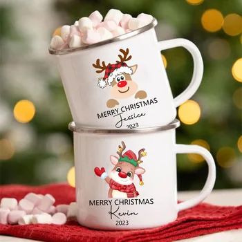 Személyre szabott szarvas karácsonyi csészék Egyedi név Forró kakaó csokoládé Testvér bögre ital Jiuce fogantyú zománcozott bögrék Karácsonyi ajándékok gyerekeknek