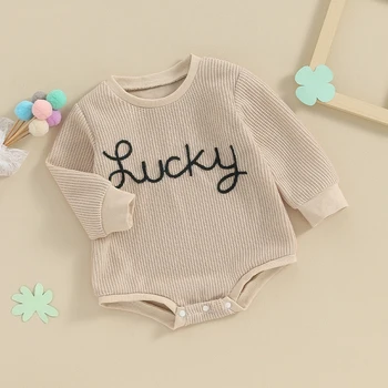 Szent Patrik napja Újszülött kislány fiú buborék romper pulóver Írország Lucky Clover csecsemő hosszú ujjú ruha