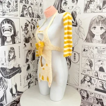 Szexi fehérnemű plüss macska cosplay jelmezek Japán nők sárga nyitott mellkas kötény pulóverrel Kawaii üreges öltöny anime stílus