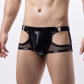 Szexi férfiak műbőr tanga nedves megjelenésű hát nélküli rövidnadrág üreges tasak G-húros alacsony emelkedésű lélegző fehérnemű erotikus fehérnemű