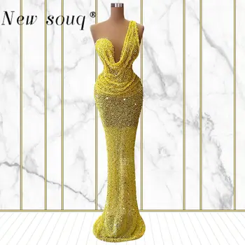 Szexi sárga egyvállú sellő flitteres estélyi ruhák 2022 Elegáns női ruha esküvői partira gyöngyös hosszú báli ruhák