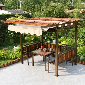 Szőlőrács asztallal és székekkel, kültéri terasz, antiszeptikus fa pavilon, kerti tető, napellenző