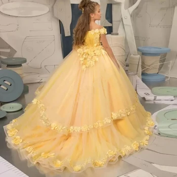Sárga virág lány ruhák csipke tüll gyöngyfűzés rátétes verseny lányoknak Elsőáldozási ruhák Gyerek báli ruhák