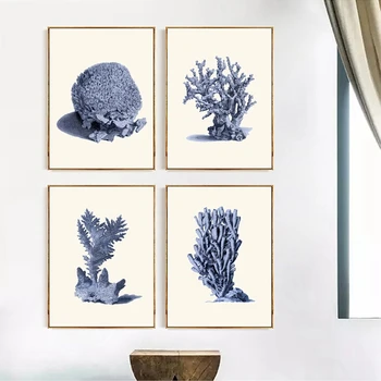 Sötétkék korallnövény plakátok és nyomatok Vintage tengeri tengeri élet falfestmény Vászon festés fürdőszobához Modern lakberendezés