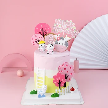 Sült torta dekoratív díszek rózsaszín tehénfarm puha agyag dugaszolható filc porfa kártya születésnapi zsúr desszert