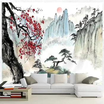 Tinta Táj kárpit Nap-hegyi vízesés Piros virág Fenyőfa Japán fal Függő otthon Nappali Tanulmányi dekoráció