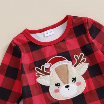 Toddler Girl Christmas Flare Pant Set Long Sleeve Plaid Pullover Top fodros Deer Embrodered Top Bell Bottom Nadrág 2db