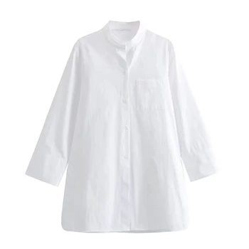 TRAF 2023 White Poplin ing nőknek Alkalmi magas kerek nyakú laza ingek Női elegáns oldalsó szellőzőnyílások szegély egymellű felsők