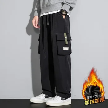 Téli férfi gyapjú nagy zsebű cargo nadrág Sokoldalú kültéri szélálló cargo nadrág A férfi egyenes szárú nadrágok koreai változata
