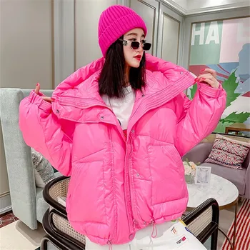 Téli meleg laza rövid kapucnis nagy zsebes pamut párnázott kabát női divat fehér rózsaszín kék zöld pamut parkas dzsekik női