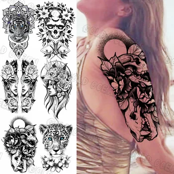 Törzsi fekete koponya király levél ideiglenes tetoválások nőknek Férfiak Valósághű tigris leopárd farkas tetoválás matrica szexi kar test tatuk