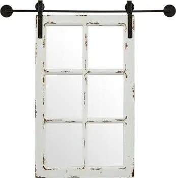 \u2013 Kő és gerenda vintage megjelenésű téglalap alakú pajta parasztház keret fehér ablak fa tükör, 32,75 hüvelyk magas, fehér prizma kriszt