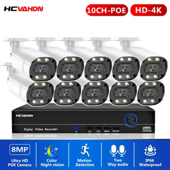 Ultra HD 4K POE biztonsági kamerarendszer 10CH 8MP POE NVR készlet Kültéri színes éjjellátó CCTV golyókamera videó megfigyelő készlet