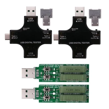 USB C teszter készlet 2 az 1-ben C típusú USB teszter színes képernyő IPS digitális voltmérő, feszültség, áram, teljesítmény, hőmérséklet, terheléssel