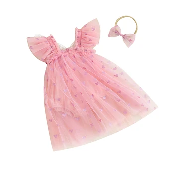 Valentin-nap Kislányok Rompers 3D pillangó flitterek Szív hálós fodros jumpsuit tüll ruha fejpánt újszülött ruhákhoz
