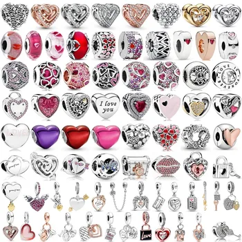 Valentin-napi kollekció Red Love Heart gyöngy medál 925 Sterling Silver Charm Fit divatkarkötő nőknek Ajándék DIY ékszerek