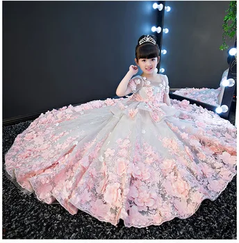 Valódi kép Új luxus virág lányok ruha hercegnő ruha csipke 3D virágok rátétes puffadt tüll gyerekek születésnapi ruha jelmez