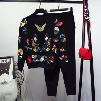 Vintage virág pillangó hímzés női kötött tréningruha ruhák fekete hosszú ujjú pulóver hosszú nadrág szett alkalmi sportruha