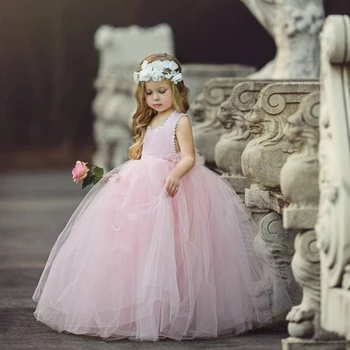 Virág lány ruhák puffadt lány ruha rózsaszín babaruha vonattal masni Aranyos gyerek gyermek születésnapi ruhák Frist Communion