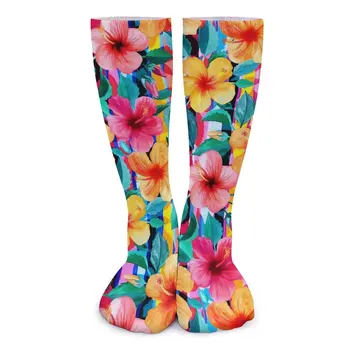 Virágos csíkos harisnya Hawaii Hibiszkusz nyomtatott Harajuku zokni Téli csúszásmentes zokni Pár kerékpározás Közepes puha zokni