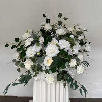 VJ010 Esküvői selyem, fehér rózsa és zöld virágok, elrendezések, központi művirágasztal, viráglabda