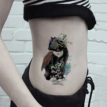 Vízálló ideiglenes tetováló matrica macska bagoly hamis tatto flash tatoo tatouage temporaire nagy méretű testművészet nőknek lány férfiak