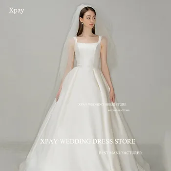 XPAY Classic Korea esküvői ruhák szögletes nyakú szatén csipke fel hát nélküli menyasszonyi ruha ujjatlan esküvői fotózás parti ruha