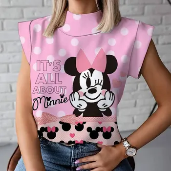 Y2K Disney Mickey egér póló női ruházat 2023 nyár új, félig magas galléros pulóver rövid ujjú mellény divat alap wome