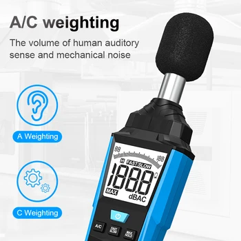  zajszintmérő 30 ~ 130dB decibel zaj Audio mérés Max. érték adatok tartása Klíma súlyozás Gyors/lassan állítható zajmérő