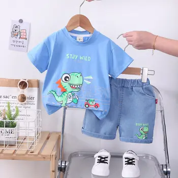 Új gyerekek rajzfilm autó ruha dinoszaurusz póló rövidnadrág 2db/szett Új divat Baby Boys lány ruházat gyermek tréningruhák 0-5 év