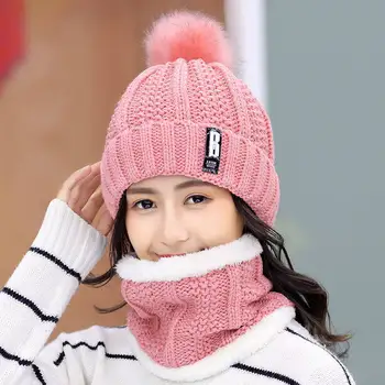 Új meleg női kalap szett divatos téli kalapok nőknek szőrmével bélelt nyakmelegítő sapka sapka lányok Pompom kötött kalap koponya sapka